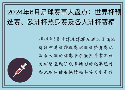 2024年6月足球赛事大盘点：世界杯预选赛、欧洲杯热身赛及各大洲杯赛精彩纷呈